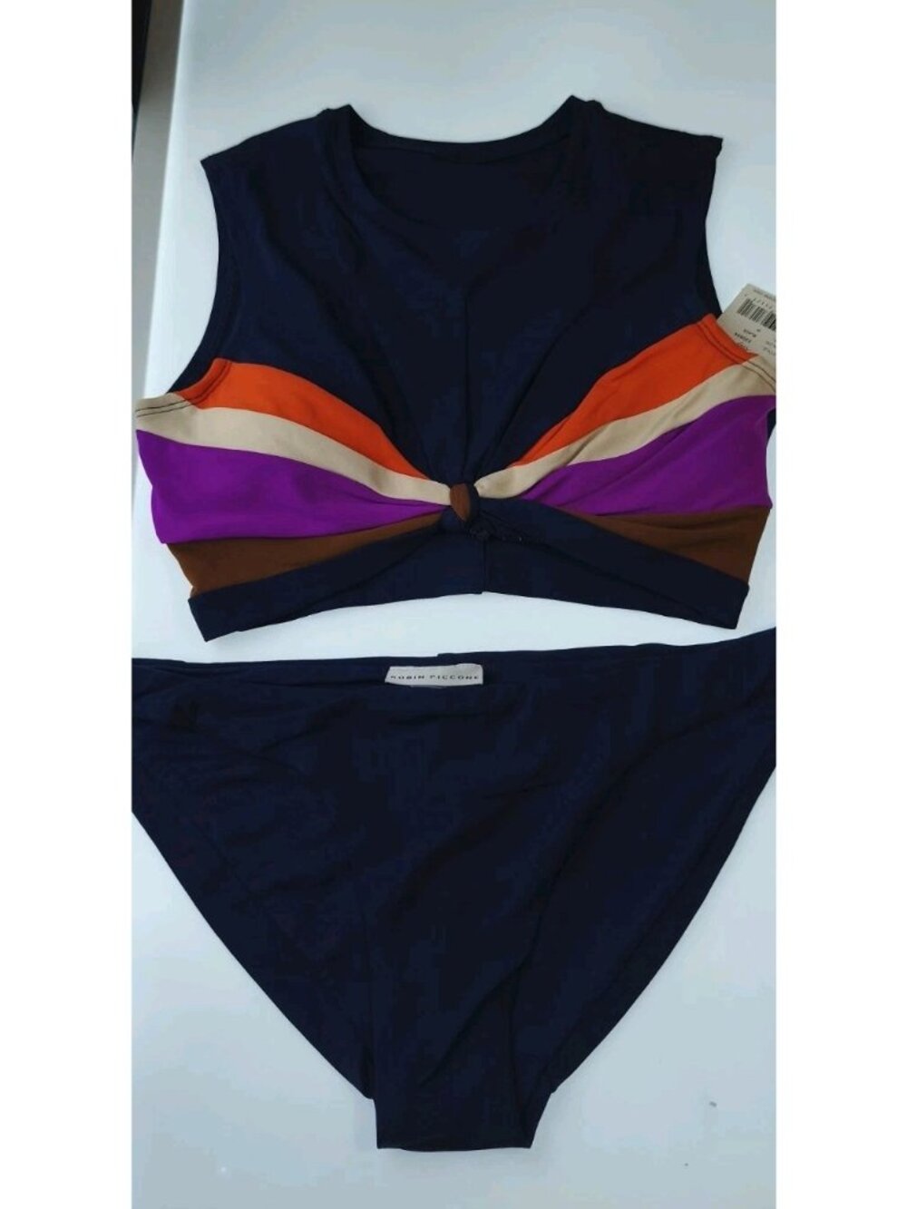 Robin Piccone Billie Crop Swim Top + Bottom S Navy Multicolor Stripe NWT